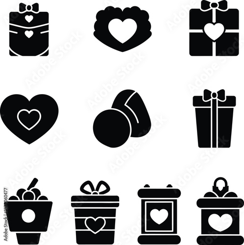 Black and white silhouette icon set featuring romantic hearts gift boxes and decorative elements for valentines day wedding invitations and creative branding projects.