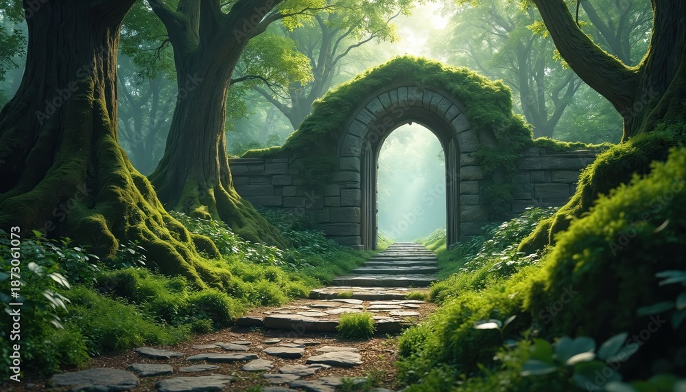 Fototapeta premium Rich forest landscape has arched mossy stone gate with steps. Tranquil scene shows way to adventure. Woodland with trees, sunlight offers fairytale, dreamlike atmosphere for travel in nature.