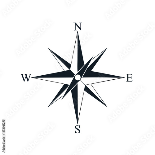 Classic black and white compass rose illustration featuring eight cardinal points used for navigation and travel, perfect for design projects and educational materials.