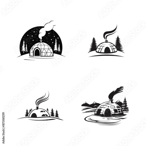 Set of vintage hand drawn engraving illustrations featuring winter igloos with smoke in snowy landscapes