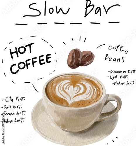 Watercolor slow bar coffee illustration with hot latte art cup, roasted beans and handwritten roast levels menu.