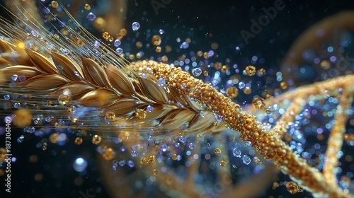 AgriTech and Future Food Vision, DNA-Wrapped Wheat with Orbiting Sugars Symbolizes Genetic Crop Improvement and Nutritional Enhancement