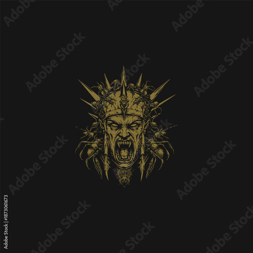 Terrifying monster head with spiked crown and creepy insects in a vintage hand drawn engraving style