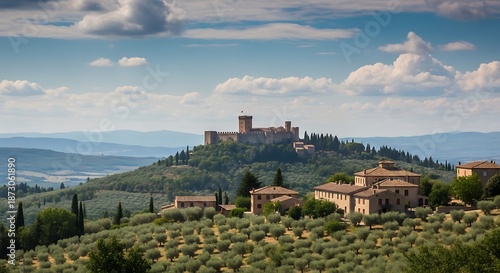 Hilltop medieval fortress overlooks an olive grove and village under blue sky.