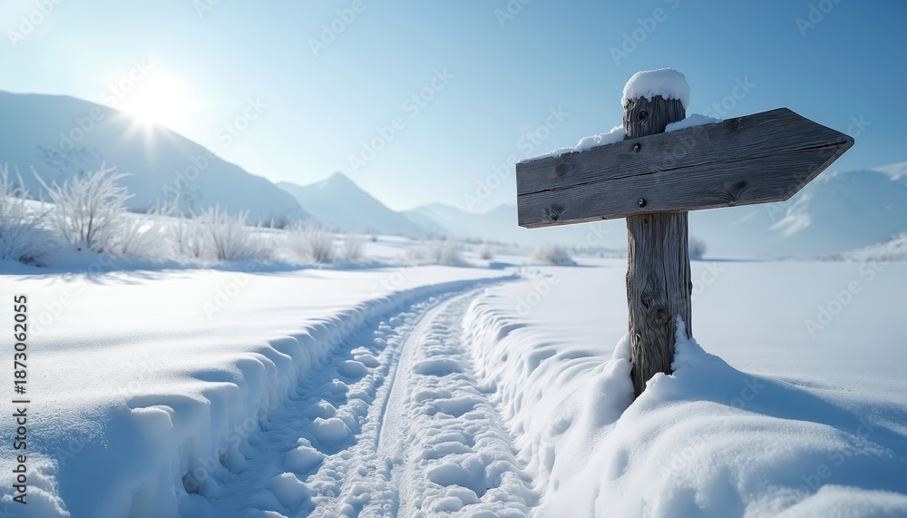 Fototapeta premium Trail marked by wooden sign covered in snow. Winter mountain landscape under clear blue sky with sun. Winter season, adventure journey destination. Path leads forward in snowy land during daylight.