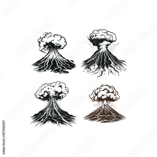 Vintage hand drawn engraving of a majestic volcano erupting with a large cumulus cloud and smoke