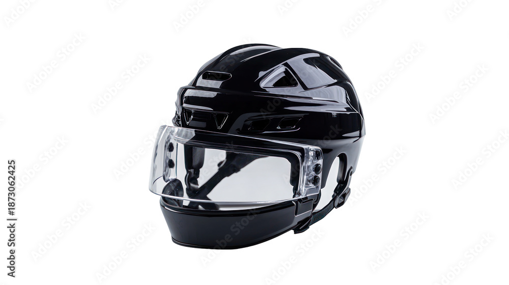 Fototapeta premium Professional black hockey helmet with visor on transparent background