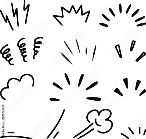 Black and white comic book style motion lines and clouds