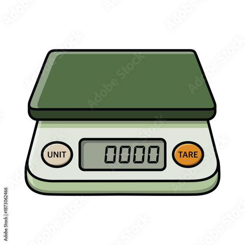 A digital weighing scale for cooking and measuring goods, suitable for kitchen use, product measurement, packaging, e-commerce, book illustration, and practical design projects.