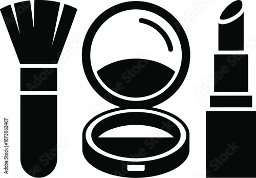 Black and white makeup brush lipstick and compact powder