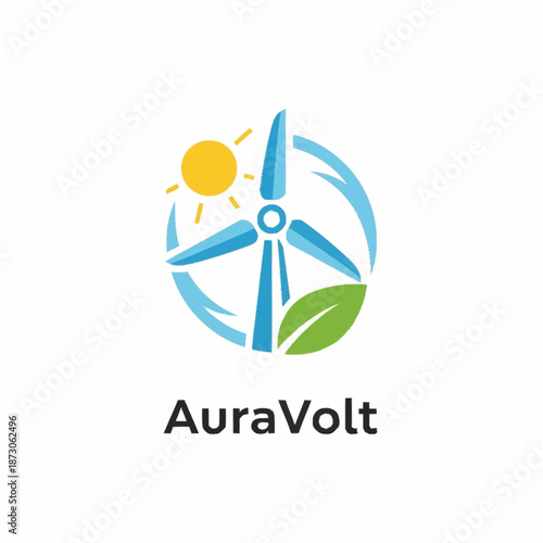 AuraVolt Logo - Wind Turbine, Sun, and Leaf Symbol.