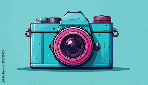 Stylized Teal Camera with Pink Lens and Accents on a Teal Background.