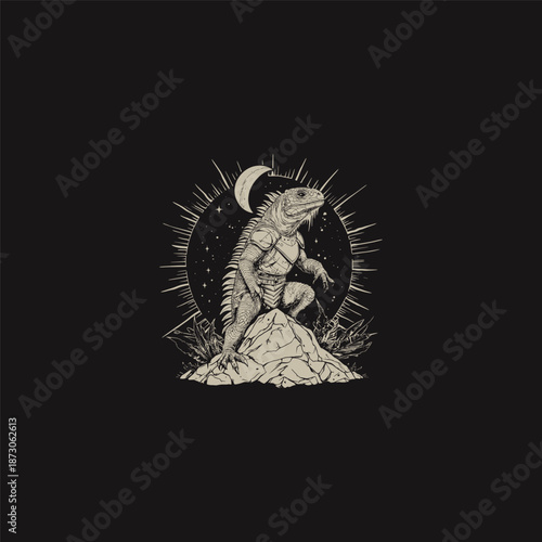 Vintage hand drawn engraving of a reptile lizard warrior in armor standing on a rock under a starry sky