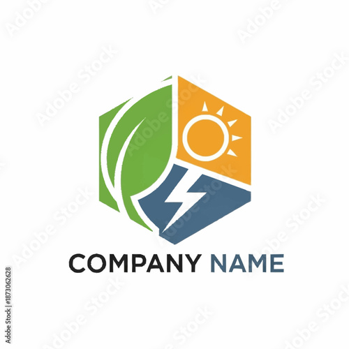 Free Download Eco-friendly energy logo with sun leaf and lightning bolt. - GFXLoad