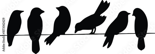 Black birds sitting a thin wire silhouettes perched