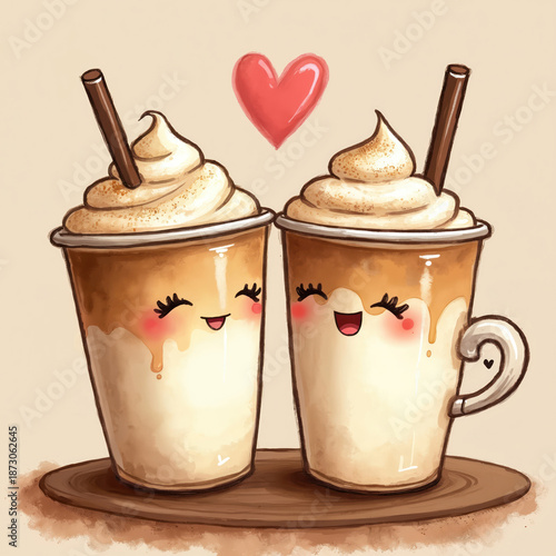 Two cute cartoon coffee cups smile next to each other with love heart above. Sweet cafe latte drinks show happy emotions, expressing care. Comic art illustration of relationship and joyful moment. © Vadym