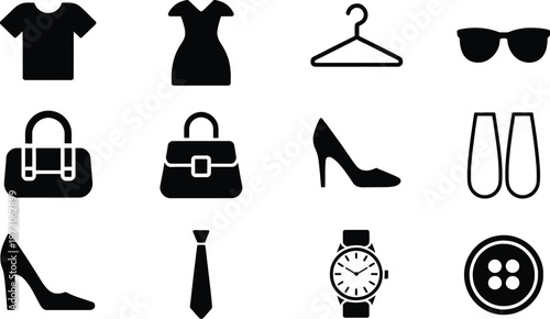 Black silhouettes of fashion accessories and clothing white