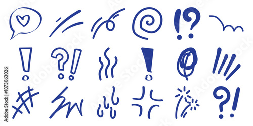 Collection of Hand-Drawn Blue Symbols and Punctuation Marks on White Background
