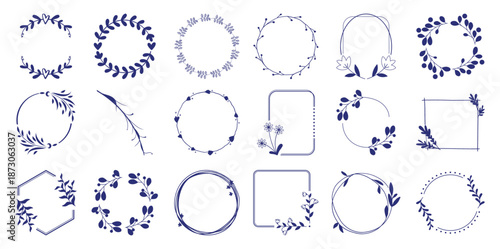 Collection of hand drawn navy blue floral and heart shaped decorative frames and borders