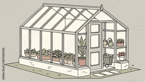 Illustration of a Greenhouse Filled with Plants and Flowers.