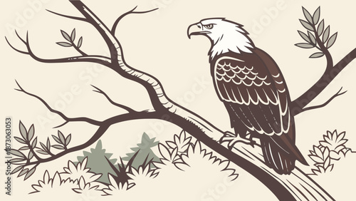 Majestic Bald Eagle Perched on Branch Illustration.