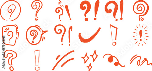 Collection of Hand-Drawn Orange Question Marks and Exclamation Points