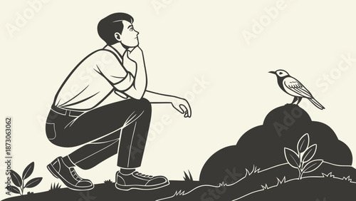 Man Contemplating Bird on Mound A Moment of Reflection.