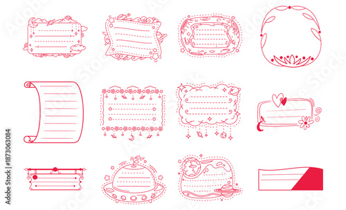 Collection of red hand drawn doodle frames and borders with celestial and floral