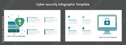Cyber security infographic template with server protection and computer monitor lock