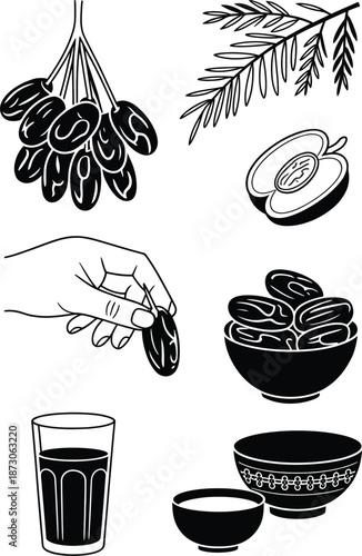 Dates hanging from tree hand holding date bowl of dates coconut cut open glass of juice bowl and cup