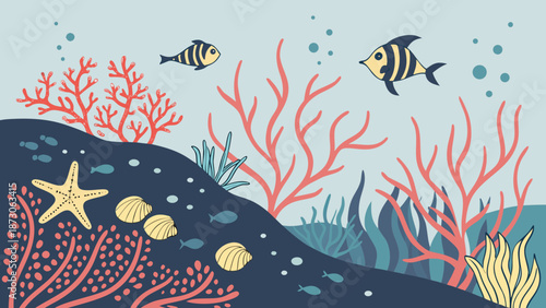 Underwater Scene with Fish Coral and Starfish Illustration.