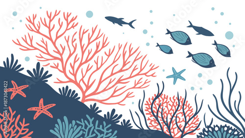 Vibrant Coral Reef Ecosystem with Fish and Starfish Illustration.