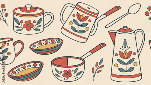 Vintage Kitchenware Illustration with Floral Design and Retro Style.