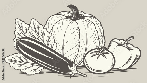 Vintage Vegetable Still Life Pumpkin Eggplant Tomato and Pepper.