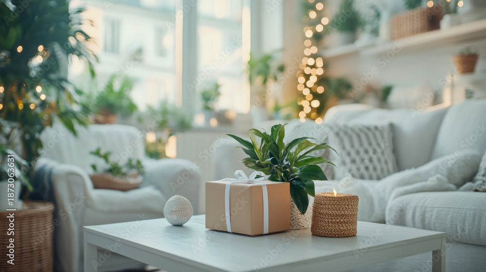 Fototapeta premium Cozy living room decorated with plants and string lights, featuring wrapped gift and lit candle on coffee table, creating warm and inviting atmosphere for holidays or special occasions.