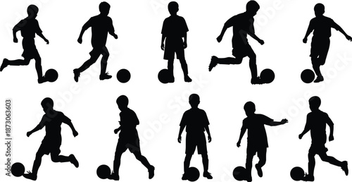 Children soccer silhouette, sports activity, football action, dynamic movement, outdoor play, athletic pose, teamwork energy, youth training, game moment, physical exercise