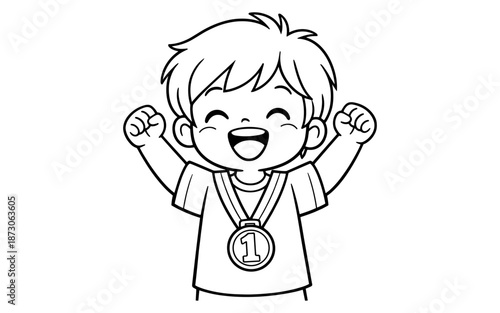 Happy cartoon boy with medal celebrating victory with raised fists and open mouth