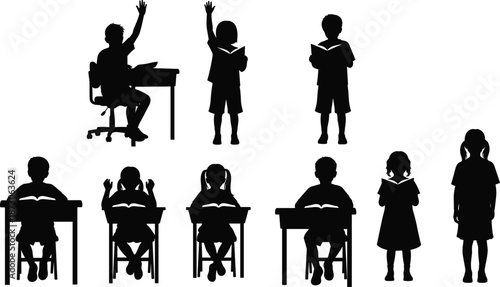 Classroom silhouette, student activity, children learning, school desk, reading kids, education scene, participation, raising hands, study time, academic pose
