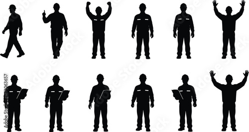 Construction worker silhouette, industrial posture, safety gesture, hard hat team, clipboard action, occupational signal, work uniform, job site, labor coordination, crew stance
