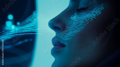 Futuristic portrait of woman's face illuminated by glowing data patterns and digital light streams, symbolizing advanced biometrics, artificial intelligence, and human technology fusion.