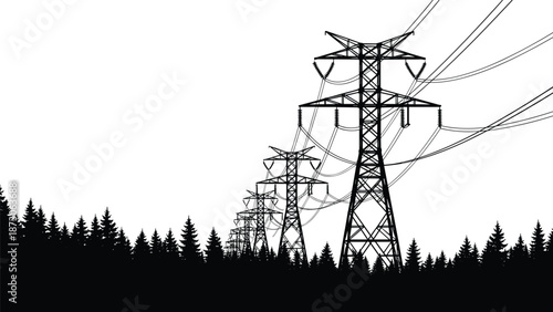 Electric tower silhouette, power lines, energy infrastructure, forest landscape, transmission pylons, electricity grid, utility network, industrial scene, nature contrast, voltage structure