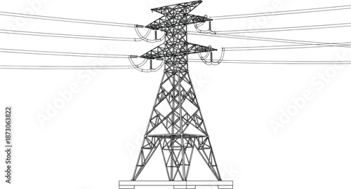 High voltage tower illustration, power pylon, electrical infrastructure, metal lattice structure, insulator system, transmission lines, energy grid,