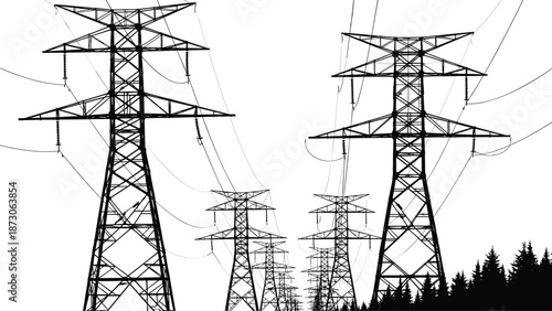 High voltage transmission towers, power lines, forest silhouette, electricity infrastructure, energy grid, metal pylons, utility network, industrial structure, electric landscape, rural connection