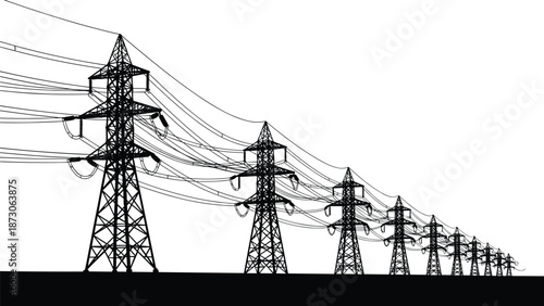 High voltage transmission towers, power pylons, electricity infrastructure, metal lattice structure, energy grid, insulator system, long-distance lines, engineering design,