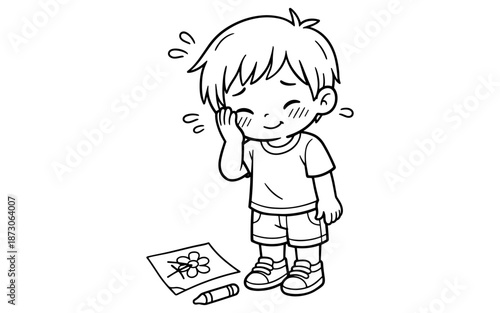 Cute cartoon boy feeling shy after drawing a flower with a crayon