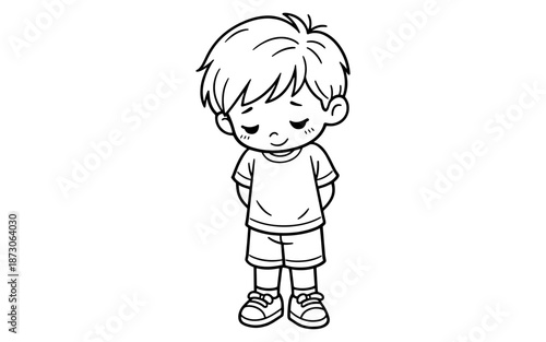 Cute cartoon boy with shy expression, standing with hands behind back