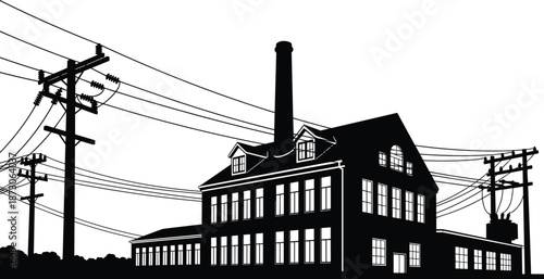 Industrial building silhouette, power lines, utility poles, smokestack structure, electrical network, energy infrastructure, factory scene, urban grid, transformer system, distribution architecture
