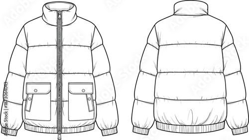 Puffer jacket technical sketch, fashion illustration, garment design, front and back view, winter wear, quilted coat, apparel blueprint, outerwear concept