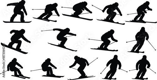 Winter sports silhouette, skiing action, snowboarding pose, mountain athlete, dynamic movement, cold weather gear, outdoor adventure, slope descent, freestyle jump, alpine energy