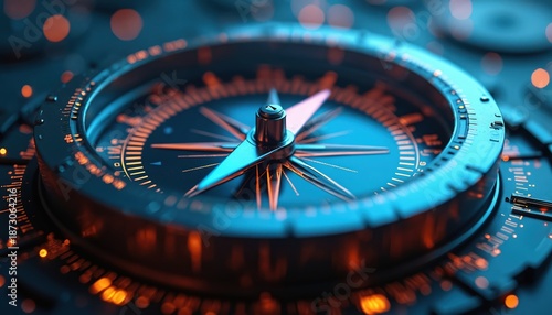 Closeup compass displays direction. Navigation instrument points way for strategy. Modern compass with blue illumination showcase innovative guidance. Concept of direction for management. Planning